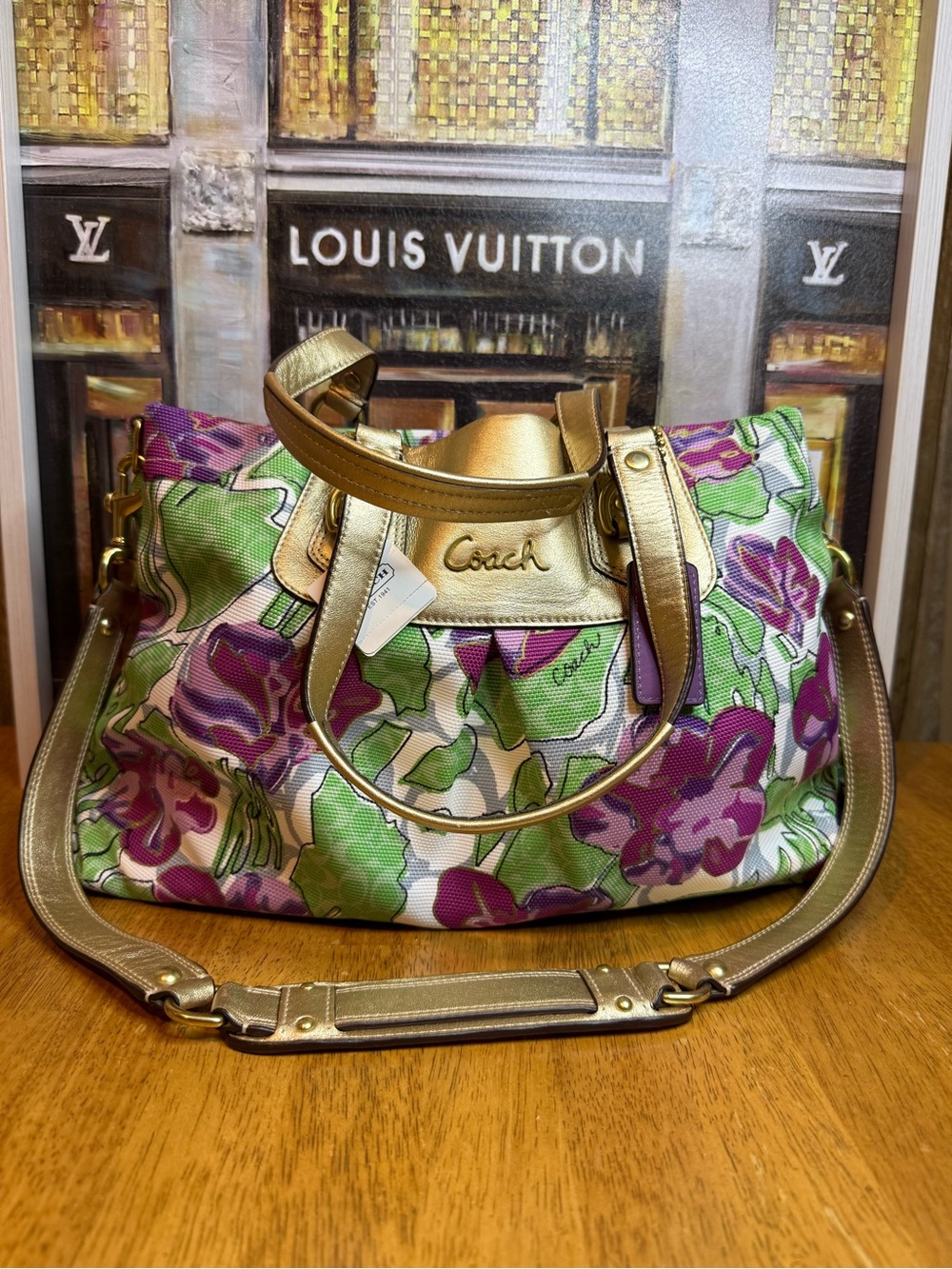 Coach NWT VINTAGE Floral Shoulder Bag in Purple, Pink & Green with Gold Trim